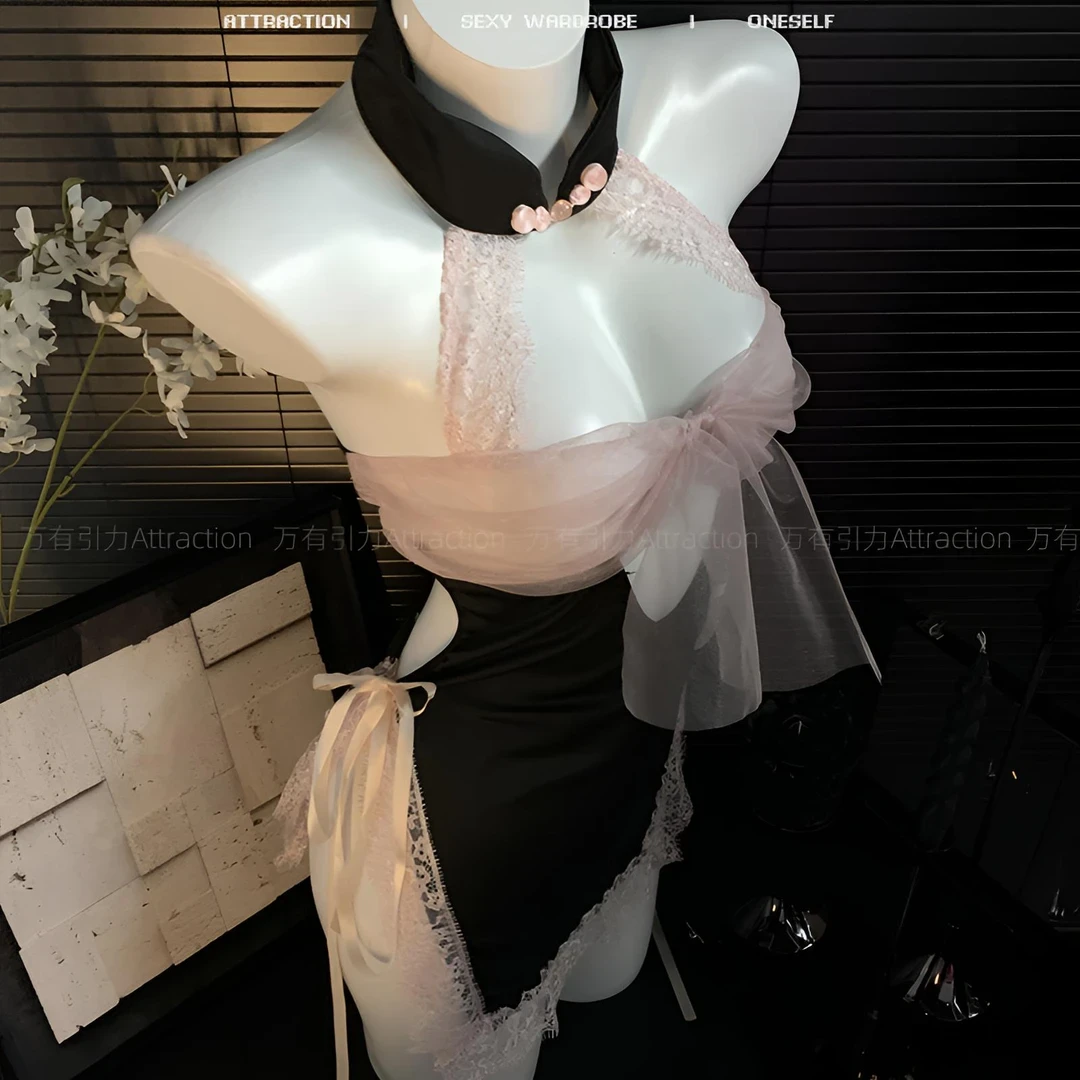 万有引力【多汁蜜桃】蝴蝶结蕾丝网纱辣妹性感半透紧身制服睡裙战袍