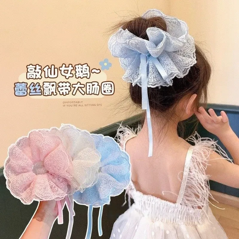 女孩法式蕾丝花边抽绳大肠发圈女童丸子头头花发绳宝宝扎马尾头绳