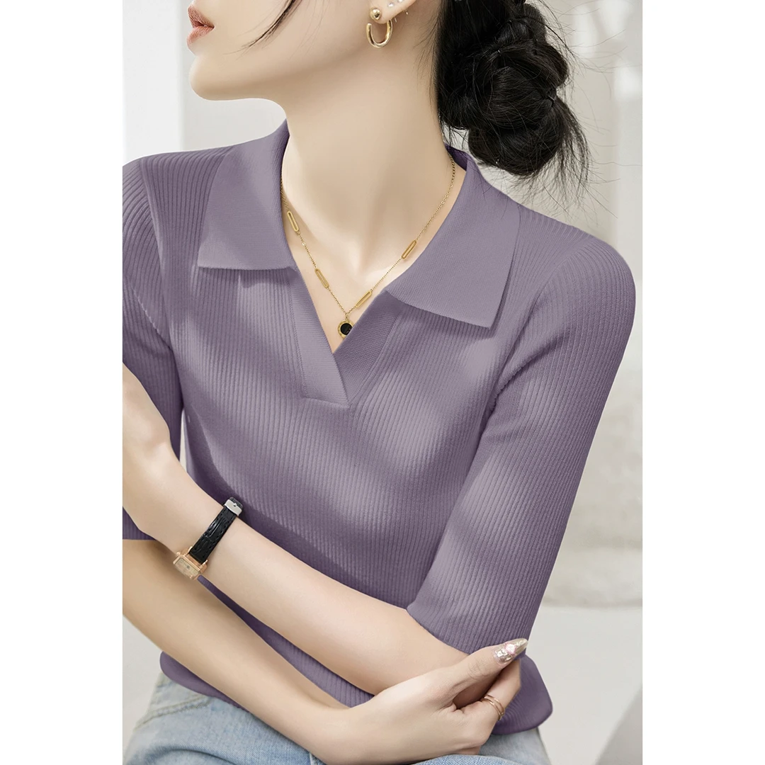 2025夏季新款女装丁香紫V领修身显瘦薄款短袖针织衫POLO领T恤上衣