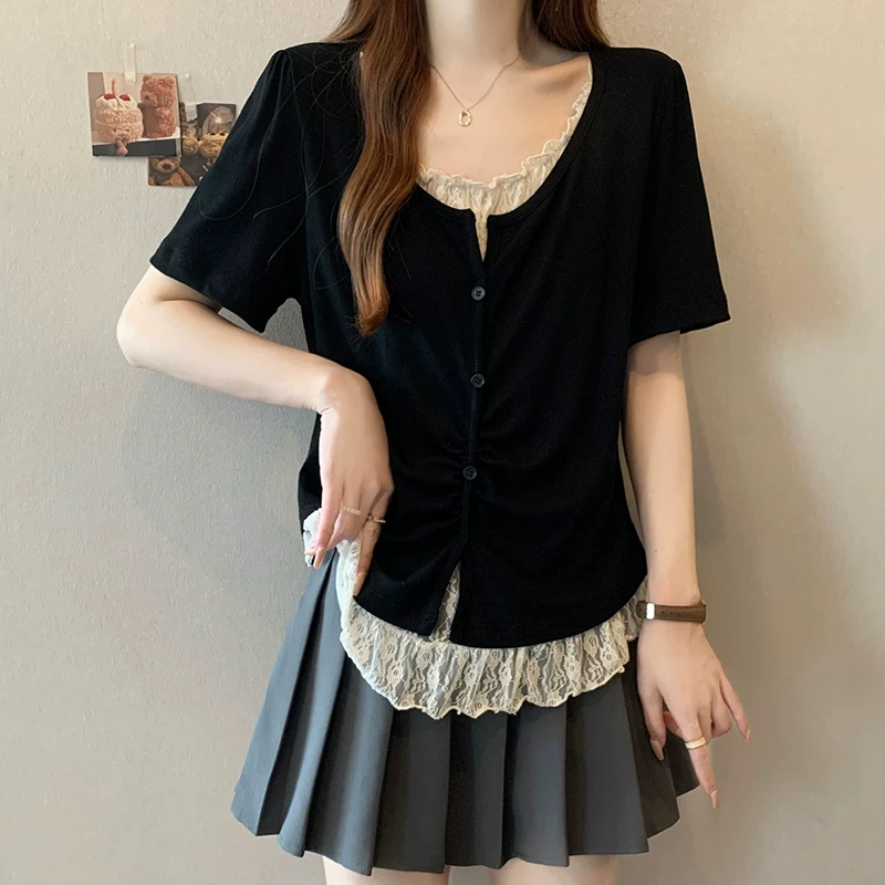 蕾丝拼接假两件短袖T恤女2025新款夏季大码胖mm显瘦遮肚洋气上衣