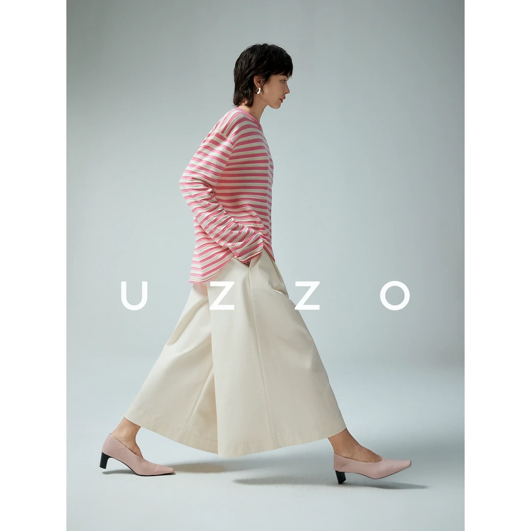 UZZO（玛丽专属）澳洲美利奴羊毛 浮雕立体金葱条纹宽松针织衫T恤