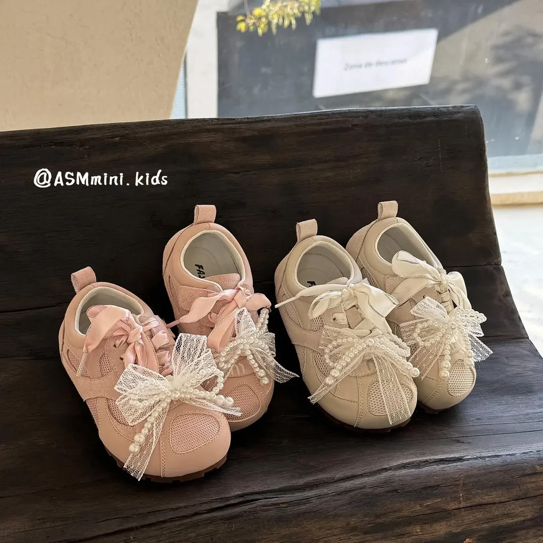 2025春季新款儿童粉红系板鞋女童珍珠蝴蝶结装饰公主鞋宝宝休闲鞋
