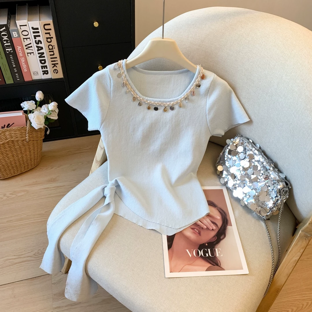 韩系亮片流苏短袖t恤女装夏季新款设计感小众不规则绑带短款上衣