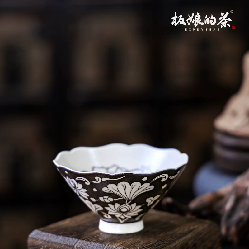 板娘的茶 南唐雅轩吉州窑黑地缠枝莲锦鲤戏莲主人杯80ml复古