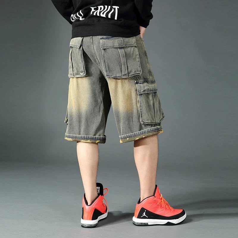 2025夏季新款复古做旧牛仔短裤宽松加大码中裤多口袋六分工装裤