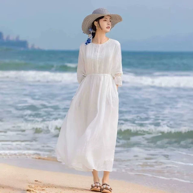 1001# 2024大码春夏新款圆领飘逸天丝麻棉麻度假风仙女长款大摆裙