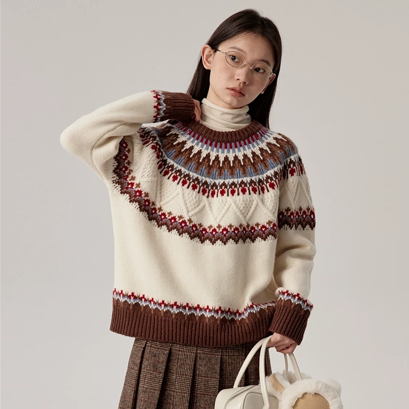 omont蛋挞家100%羊毛复古费尔岛圆领毛衣2024冬季慵懒小众针织衫
