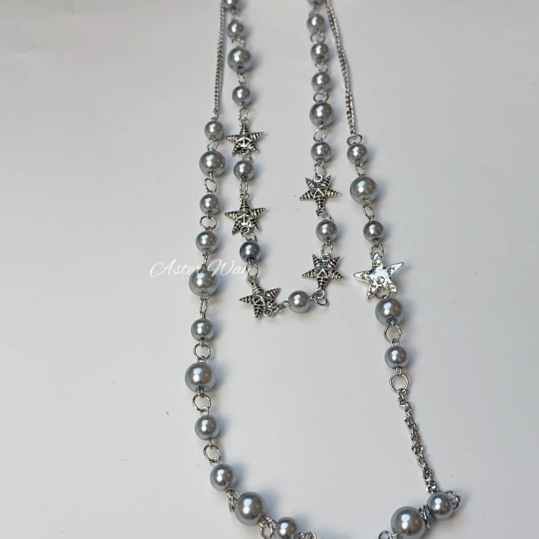 合金项链 灰色珍珠毛衣链多层叠带项链银色星星复古