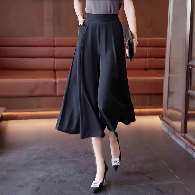 冰丝雪纺阔腿裤女夏季2025新款妈妈甩裤垂感显瘦休闲直筒七分裤裙