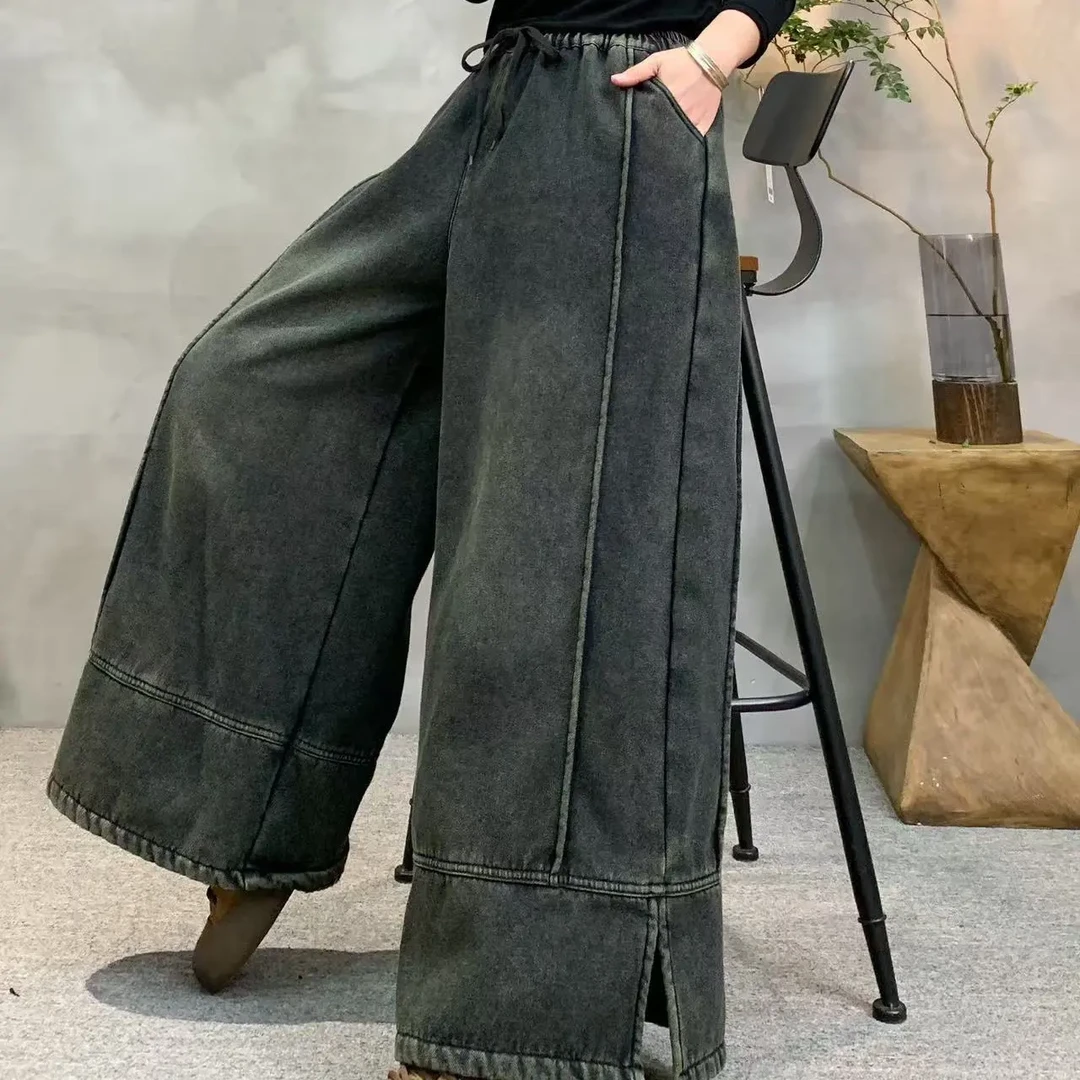 2037复古蓝两侧竖条捏折裤脚开叉加绒牛仔裤