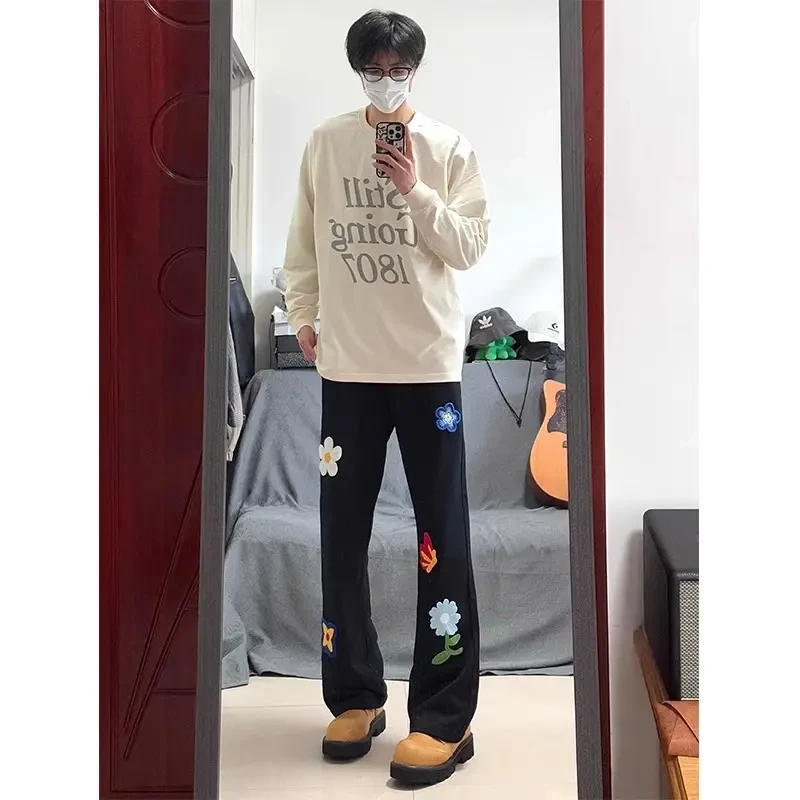 花卉刺绣裤子男款春季美式复古微喇运动裤高级感cleanfit直筒卫裤