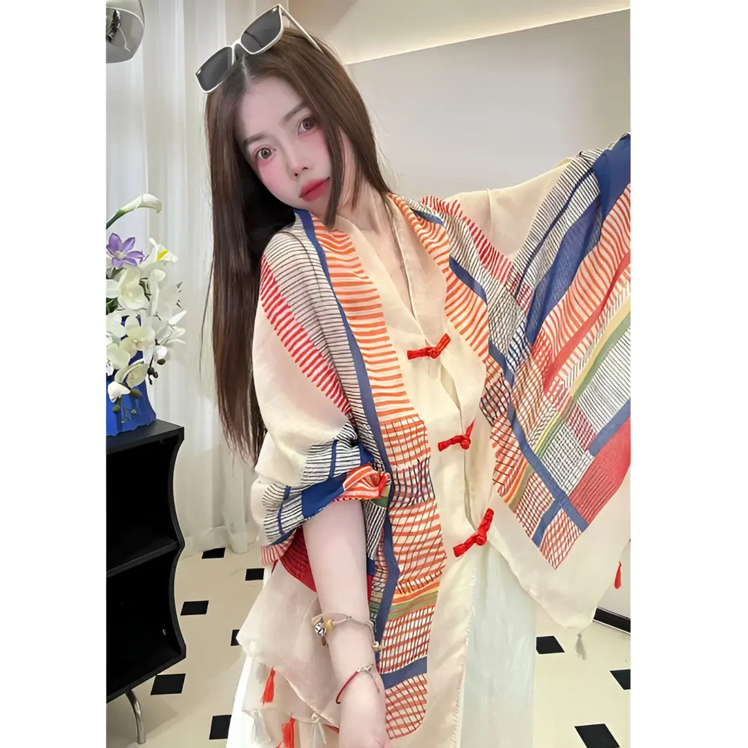 夏季民族风盘扣披肩优雅休闲防晒泰兰德气质罩衫女百搭沙滩海边巾