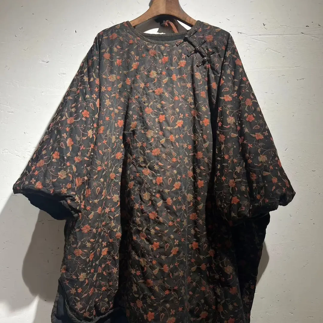 衣路～原创冬季斜襟盘扣花色中长款棉服39110长度86！胸围190