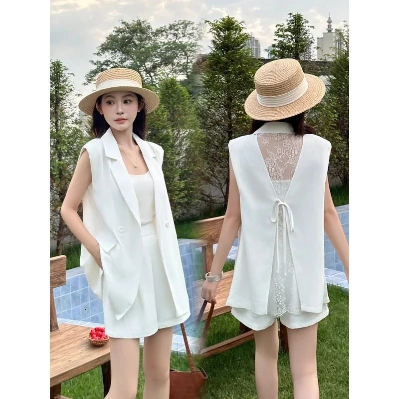 蕾丝露背系带结小众时尚套装设计感蕾丝扣法式芭蕾套裤夏季薄款