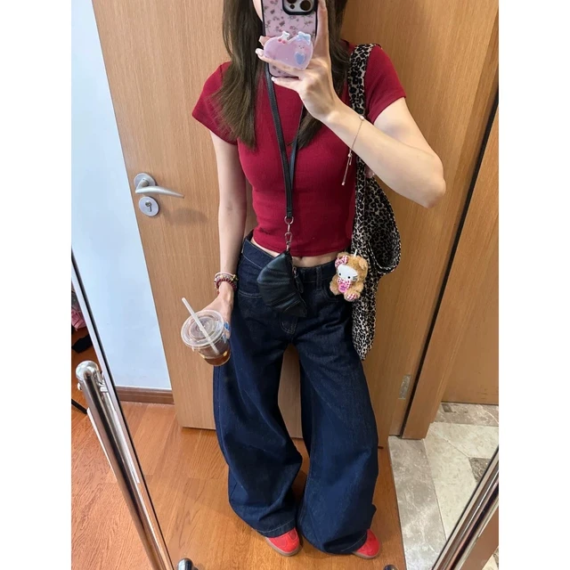 夏季2025酒红色显白T恤女露脐短上衣小个子美式辣妹正肩显瘦短袖