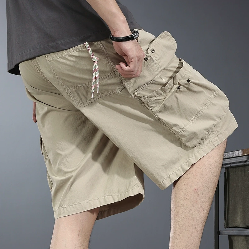 杏色美式休闲短裤男夏季薄款多口袋工装五分裤百搭宽松直筒中裤潮