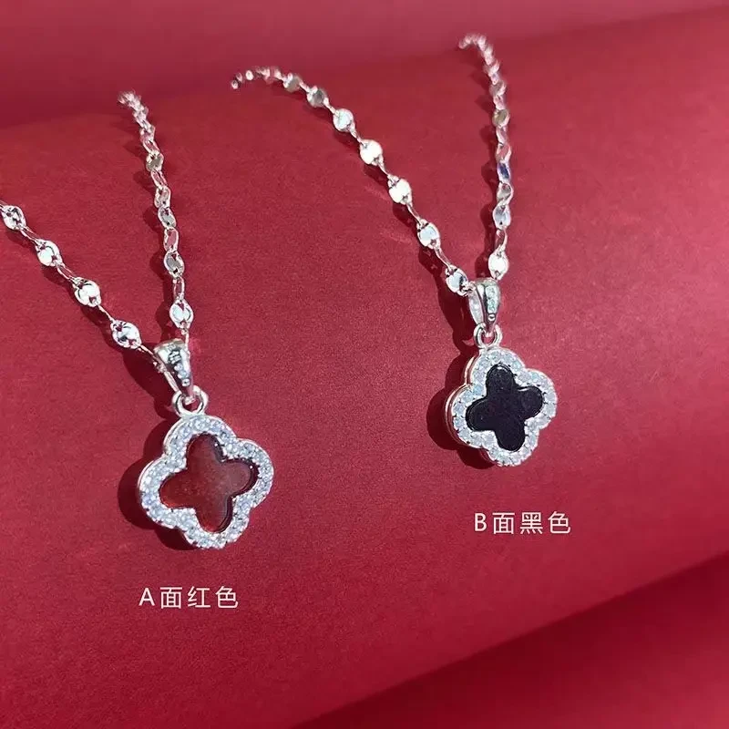 坠链均足银 9999足银红黑双面四叶草纯银项链时尚小众经典女友礼