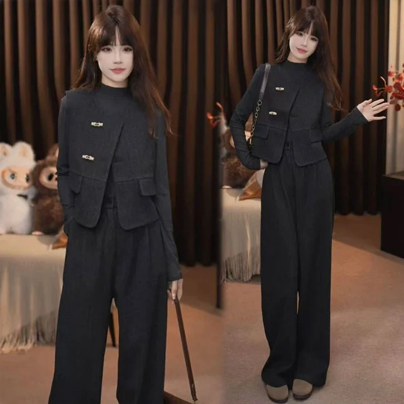 时尚套装女2025秋季新款时髦洋气减龄马甲长袖打底衫阔腿裤三件套