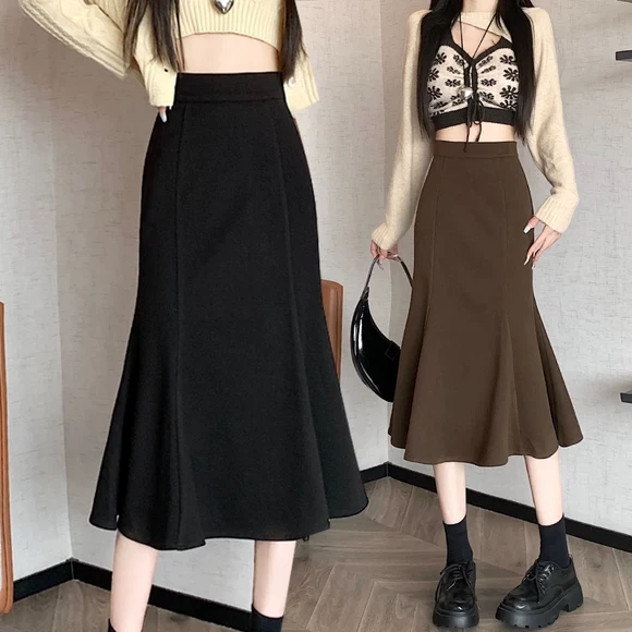 黑色鱼尾裙半身裙女秋冬2025新款包臀裙中长款高腰A字裙裙子长裙