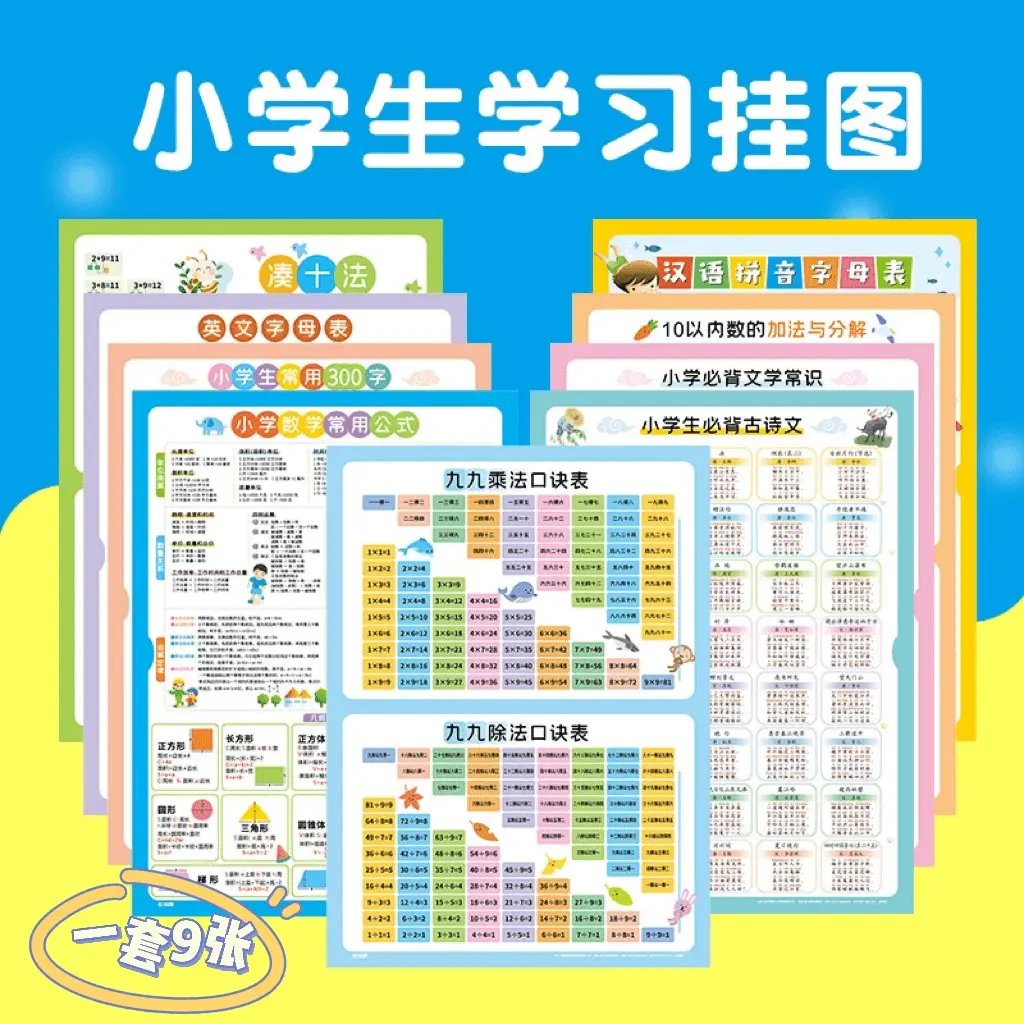 【一套9张】高清小学儿童学习挂图全套 拼音字母乘除加减口诀表
