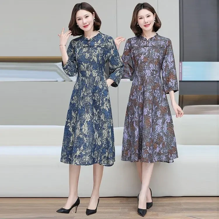 妈妈夏季改良旗袍连衣裙女2025新款新中式七分袖复古风碎花长裙子