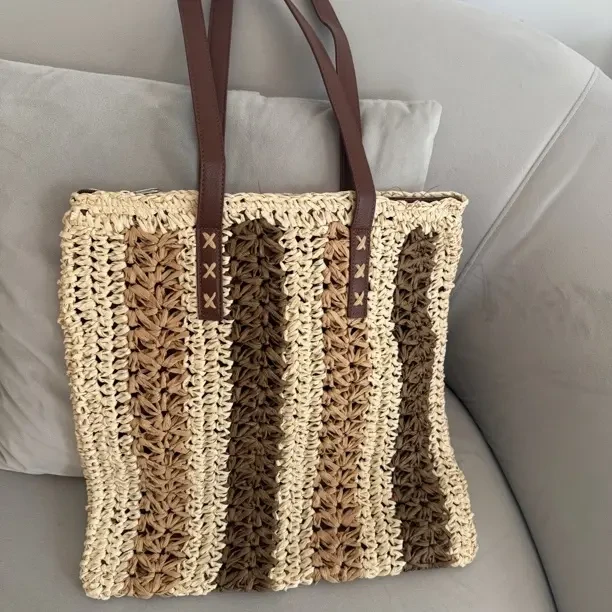 法式复古草编包女手提单肩编织托特包大容量网织镂空沙滩包