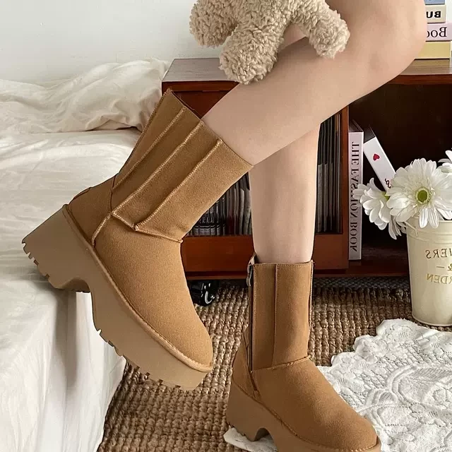 喜叔 厚底坡跟雪地靴女款冬季2025新款侧拉链中筒人鱼短靴棉鞋子