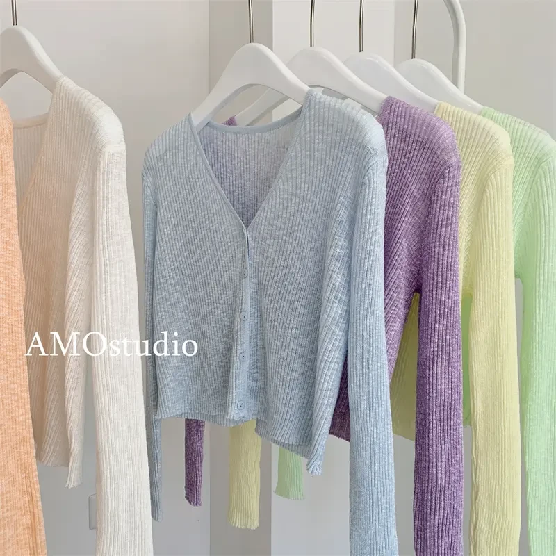 V领白色冰丝针织防晒开衫女夏季薄款长袖外搭短款空调衫绿色