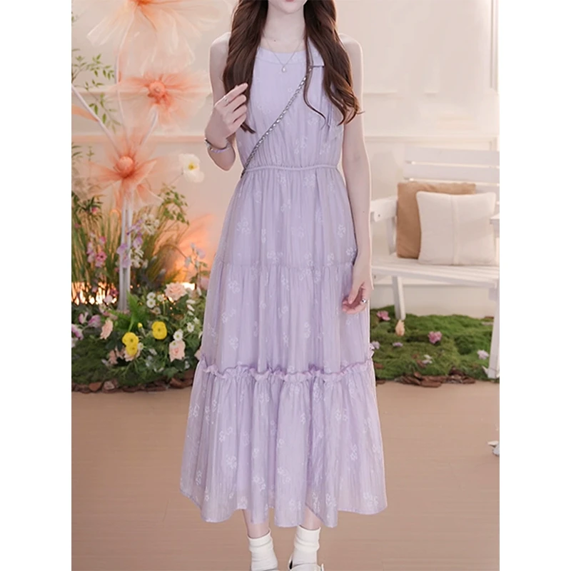 0951紫色气质挂脖连衣裙女2025夏季新款法式蝴蝶结绑带收腰中长裙