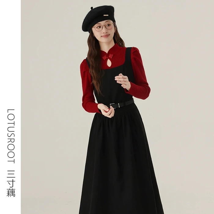 三寸藕【寄返往秋】新年穿搭黑色背带连衣裙秋冬款系带收腰中3838