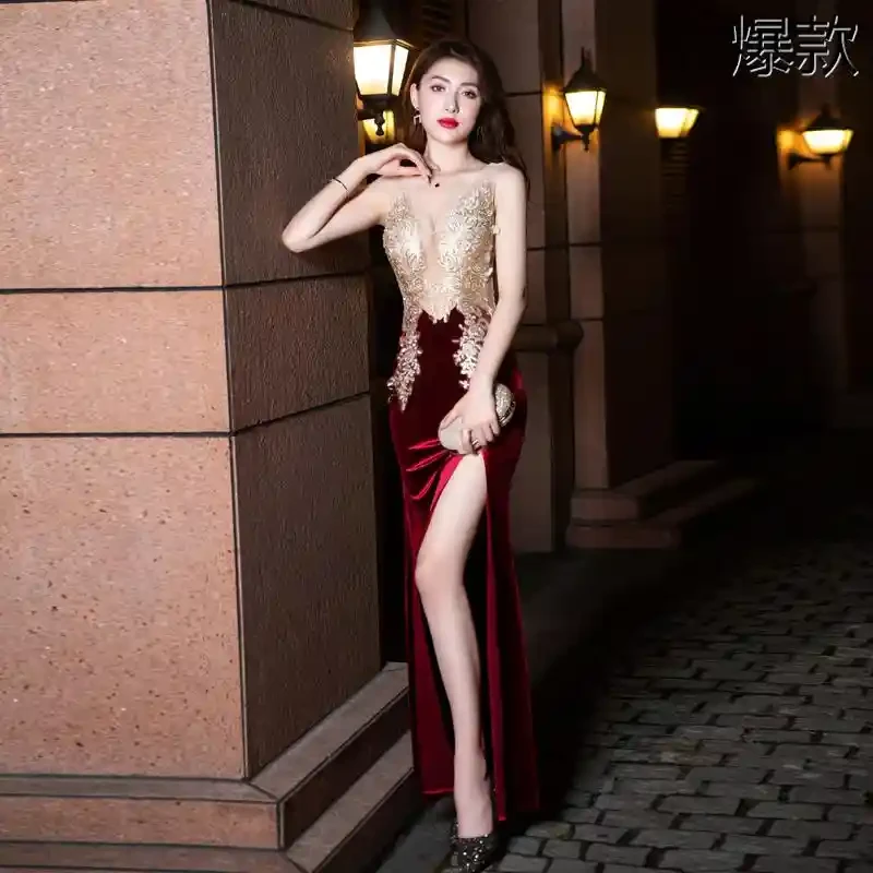 法式V领拼接蕾丝黑色晚礼服轻奢小众名媛气质鱼尾宴会开叉连衣裙