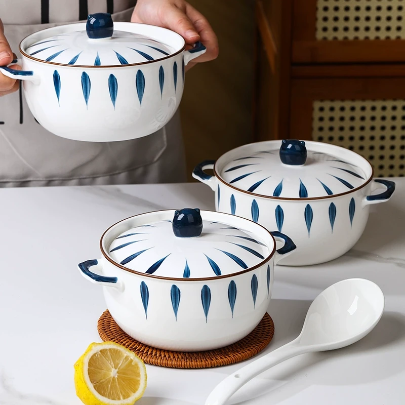 双耳泡面碗宿舍学生带盖日式泡面神器陶瓷食堂打饭方便面饭碗