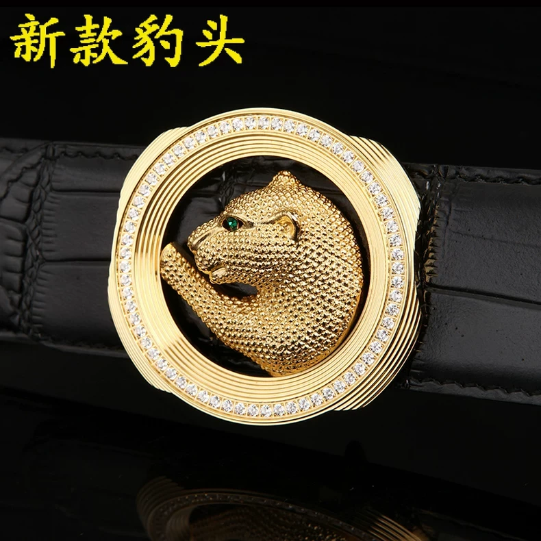 英伦风史蒂芬豹头鹰头皮带镶钻豹头男士腰带真牛皮鳄鱼纹男装裤带