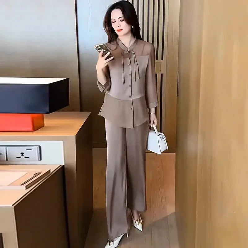 新中式时尚套装女2025夏季新款洋气质显瘦盘扣衬衫阔腿裤两件套潮