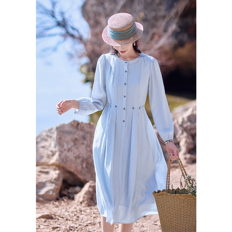 红念文艺蓝色连衣裙中长款流光风小众女装2025年新款优雅气质裙子