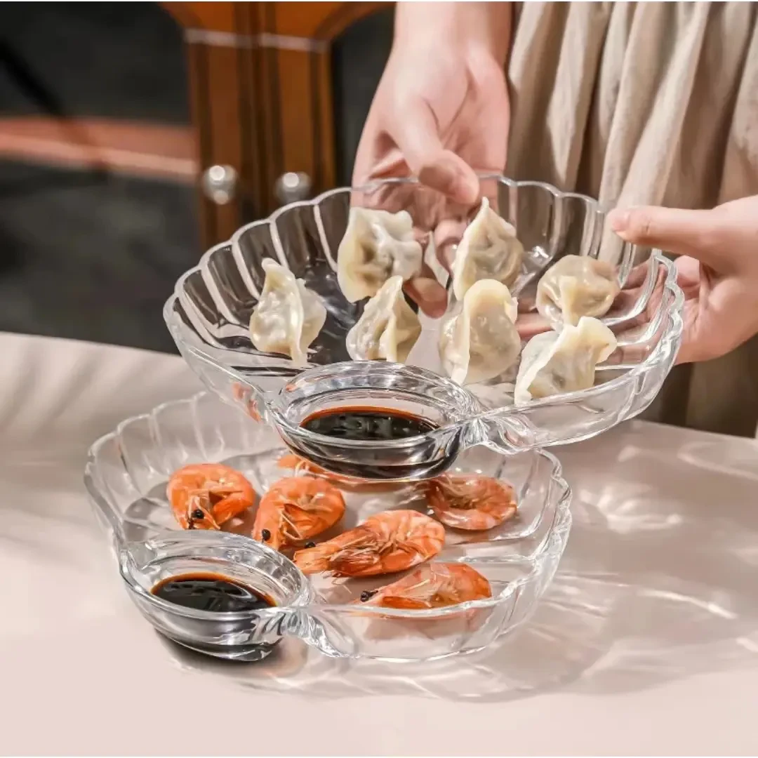 透明塑料盘子带醋碟贝壳餐盘家用水饺多功能盘创意菜盘饺子盘D001