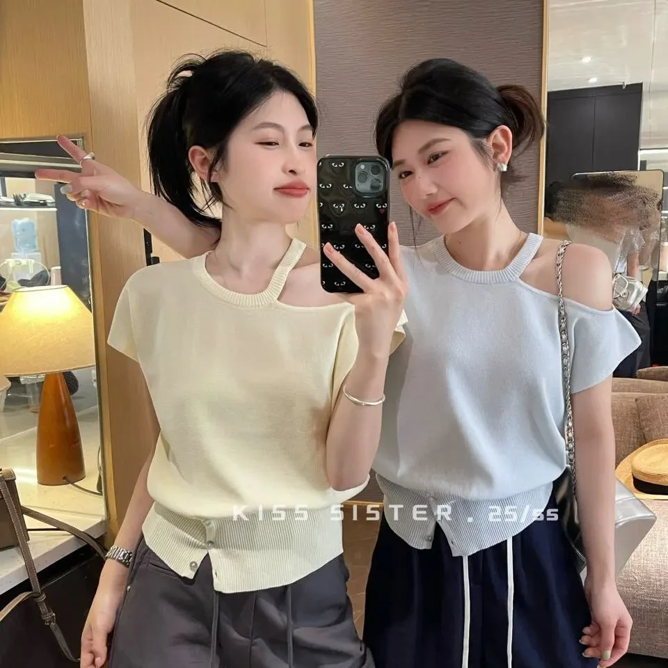 罩衫上衣韩版温柔风气质纯色百搭露肩设计宽松减龄修身休闲针织衫