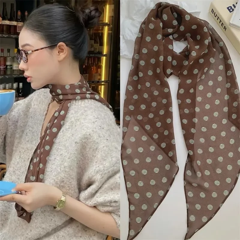 【大尺寸185X28】法式复古棕色波点丝巾女春秋百搭小众设计长条领巾