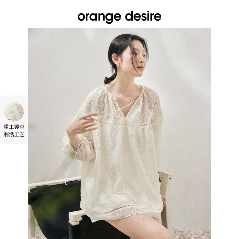 orange desire温柔镂空刺绣衬衫女V领系带衬衣上衣OD23MC6011
