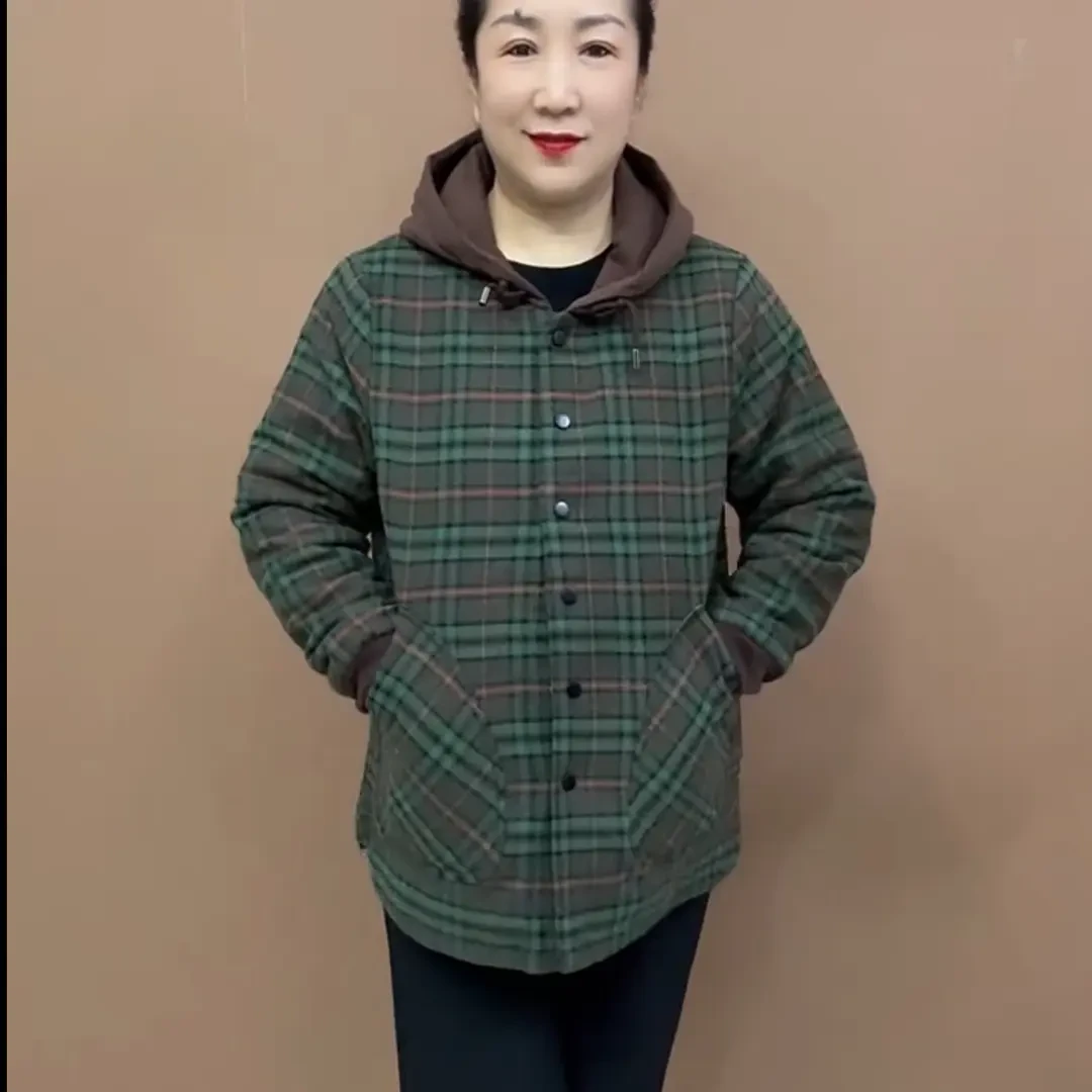 《厂家直销》S秋冬季大码时尚加厚保暖连帽格子夹棉宽松妈妈装外套