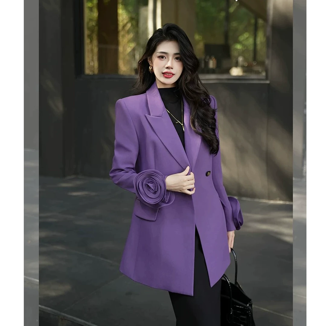 紫色立体花朵收腰显瘦西装外套秋冬高级感女神御姐范气质职业西服