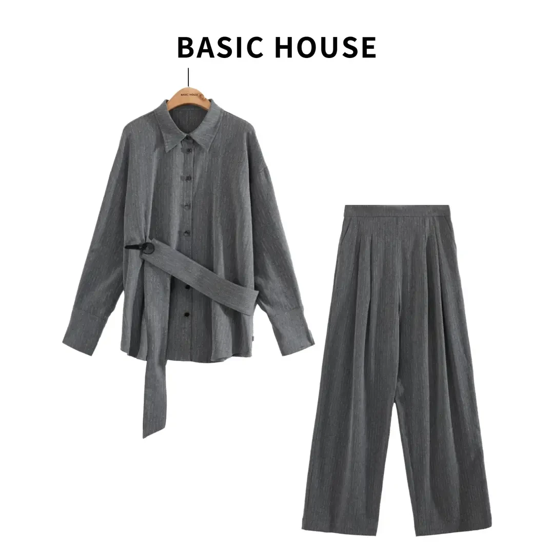 Basic House/百家好TS秋季新款设计师风感波粒系带收腰套装-1