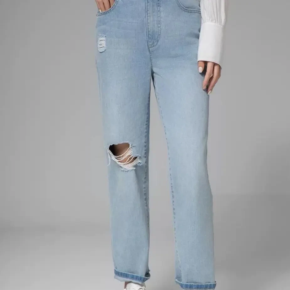 休闲显瘦百搭破洞直筒九分蓝色牛仔裤