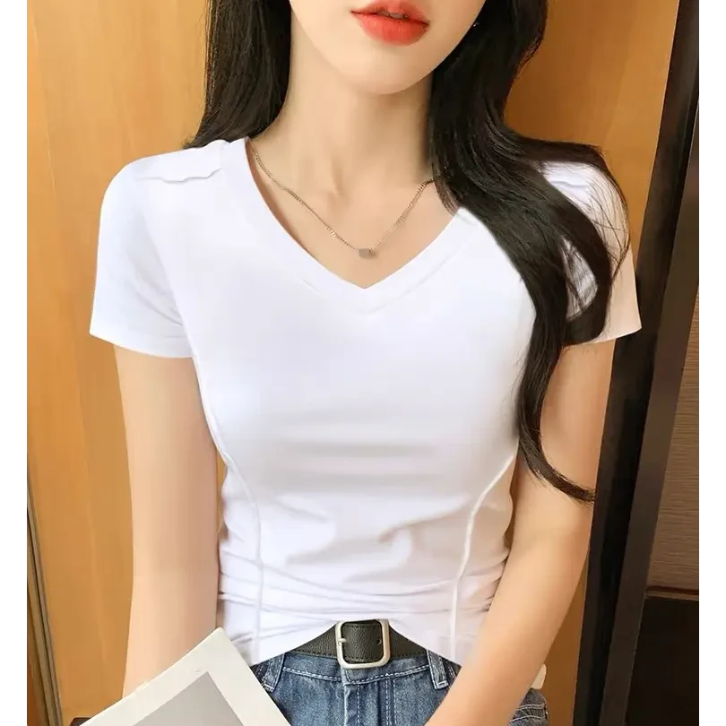 BLANCO Y NEGRE正肩短袖V领鱼骨t恤女春夏打底衫内搭显瘦上衣