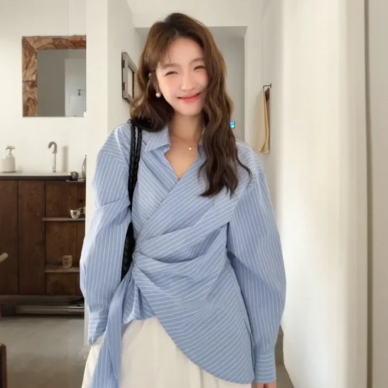 韩系侧边系带收腰交叉翻领衬衫女早春新款设计感条纹独特别致衬衣