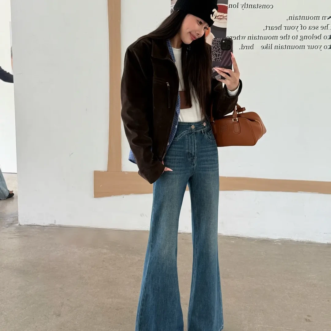 四面弹气质时尚百搭微喇裤型修身长度水洗工艺牛仔裤