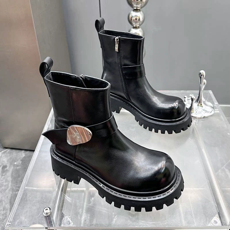 【现货】2024秋季新款厚底增高短靴子女鞋英伦风复古马丁靴女611-3