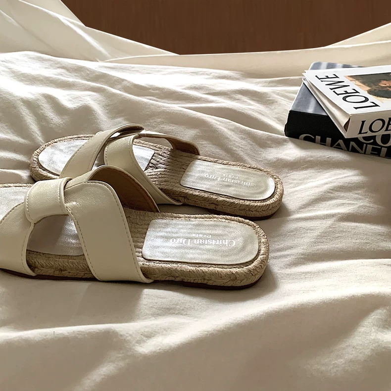 亚麻风~ins复古编织交叉一字拖女夏季外穿新款爆火法式沙滩凉拖鞋