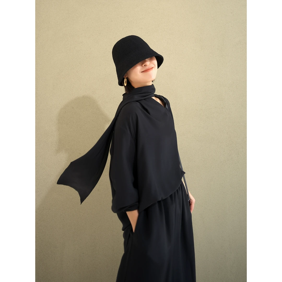 UPINLOOK重磅真丝 黑色飘带设计上衣~女桑蚕丝长袖衬衫FB302