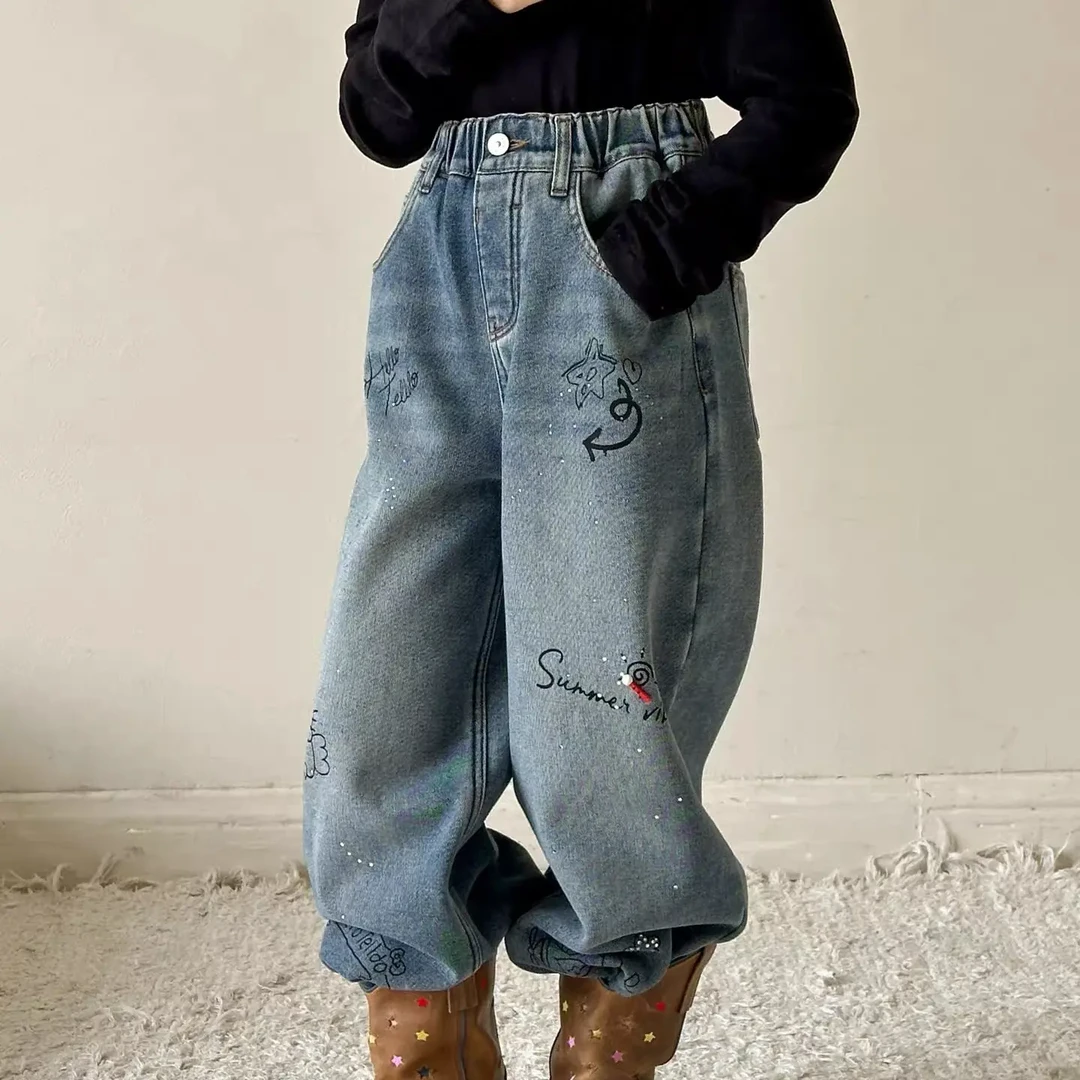 403-mochier沫弛尔女童加绒加厚秋冬新款阔腿牛仔裤